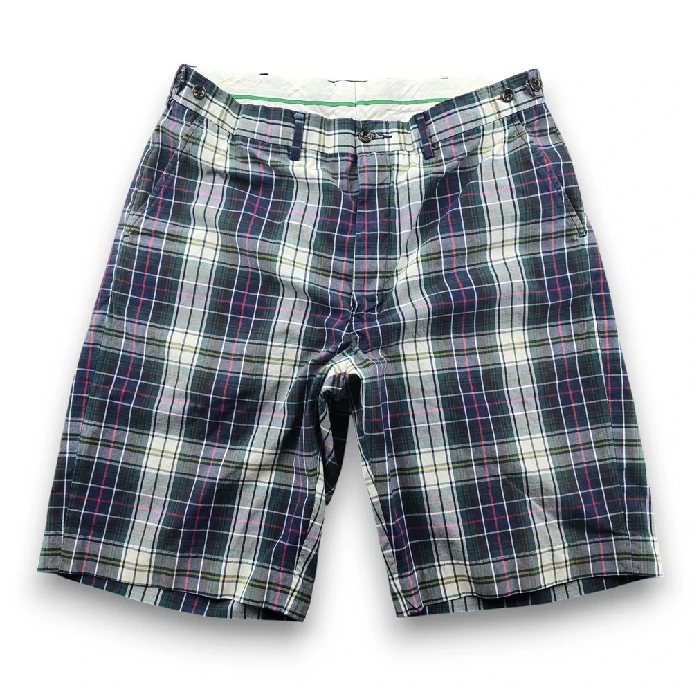 Polo Ralph Lauren Men Plaid Shorts Size 34 Navy Green Cotton Flat Front Casual